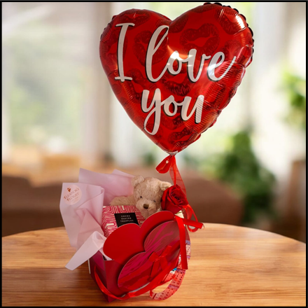 Single Red Rose with Chocolates and Balloon