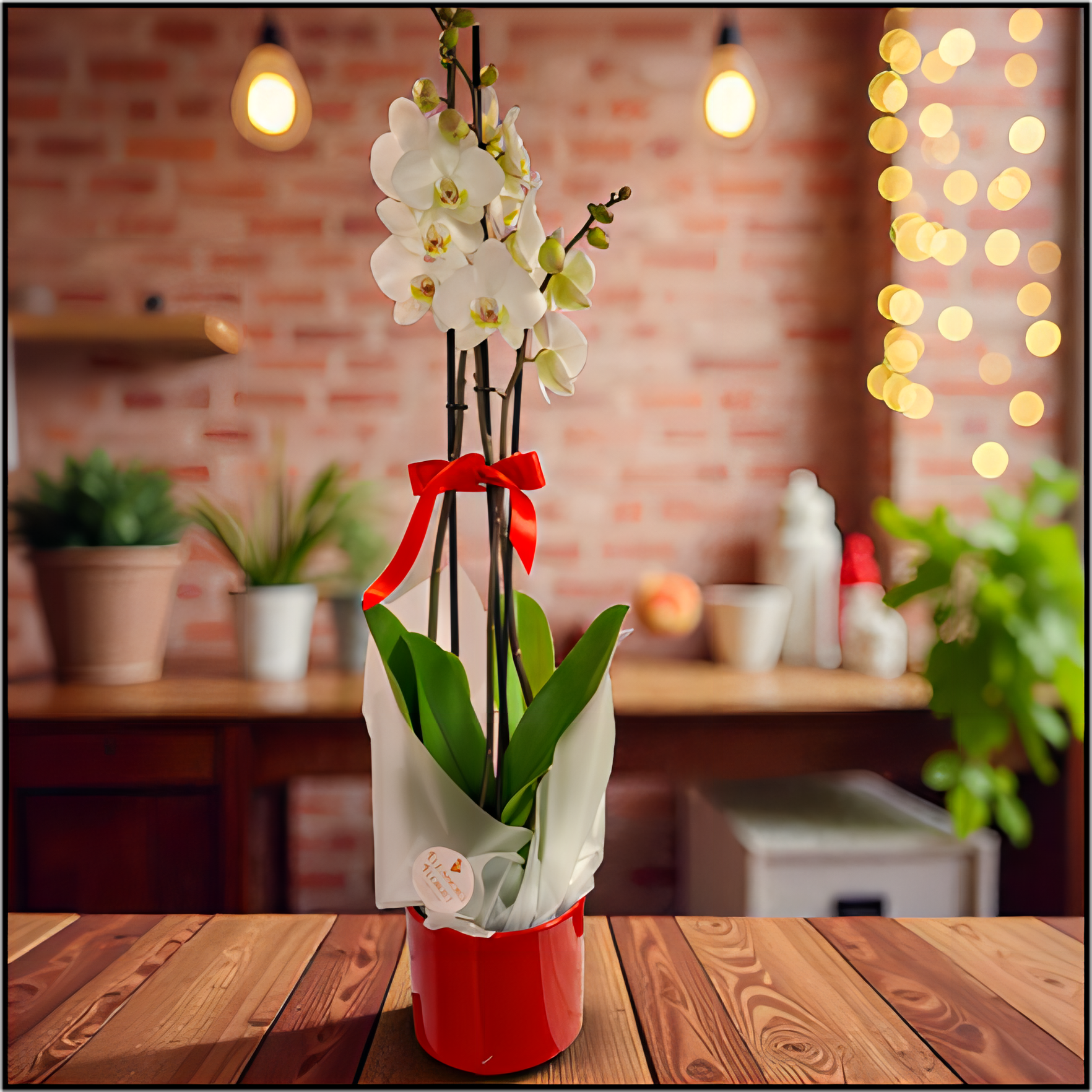 Potted white orchid with a red ribbon on a wooden table
